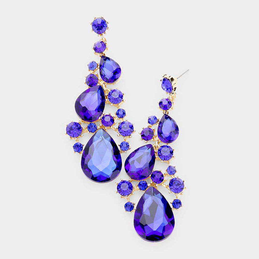 Sapphire Crystal Pear Shaped Vine Pageant Earrings on Gold | Prom Jewelry | 478449