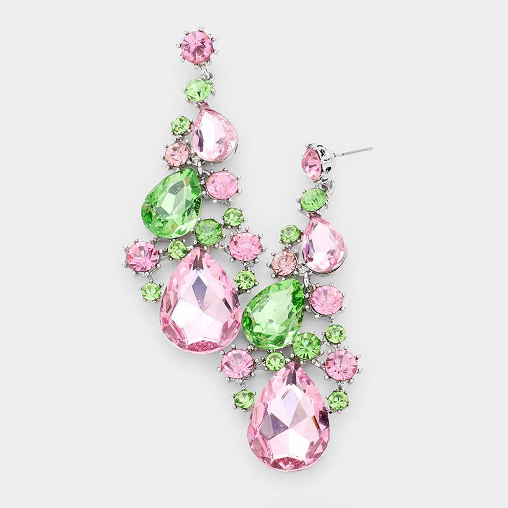 Green and Pink Crystal Pear Shaped Vine Pageant Earrings | Prom Jewelry | 478451