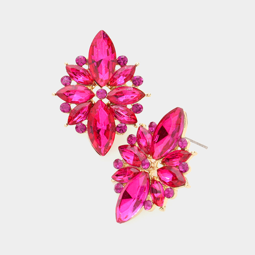 Fuchsia Marquise Round Stone Cluster Pageant Earrings | Prom Earrings| 584668