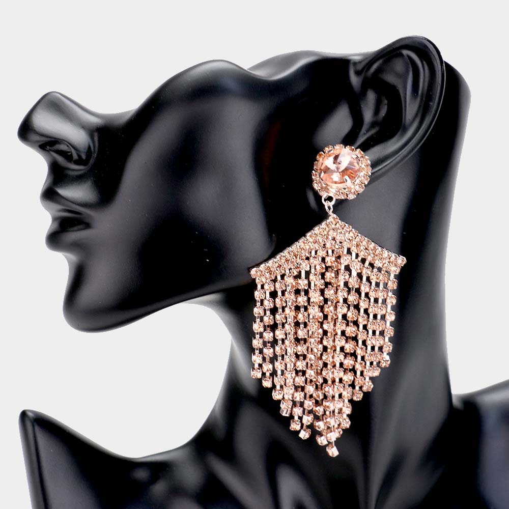 Peach Wide Crystal Rhinestone Fringe Pageant Earrings on Rose Gold | Prom Earrings | 478093