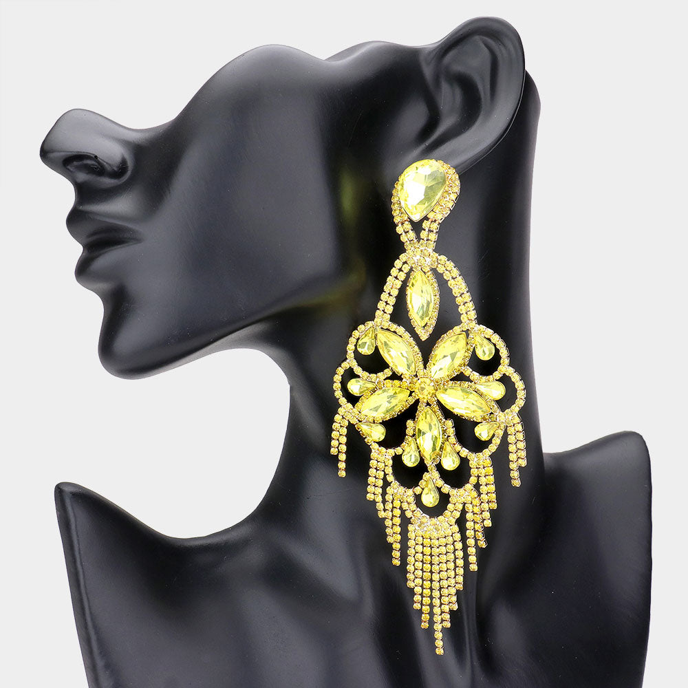 Very Large Light Weight Yellow Crystal Flower Fringe Earrings | 540172