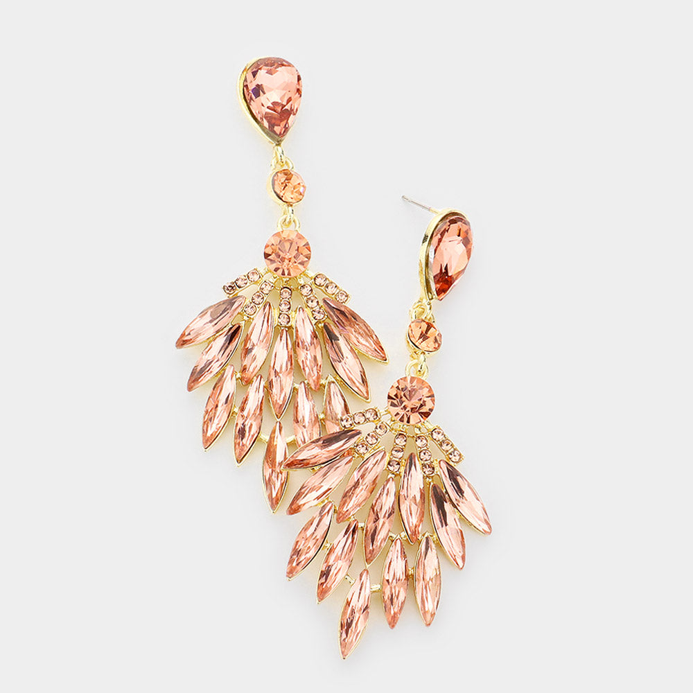 Peach Crystal Cluster Leaf Pageant Earrings on Gold | 389089