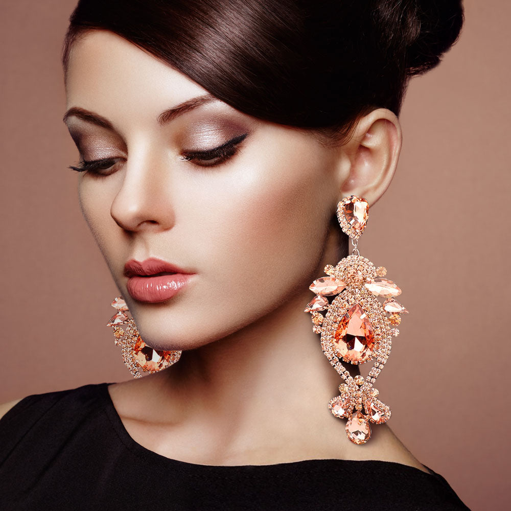 Peach Oversized Multi Stoned Crystal Chandelier Pageant Earrings | Statement Earrings | 555384