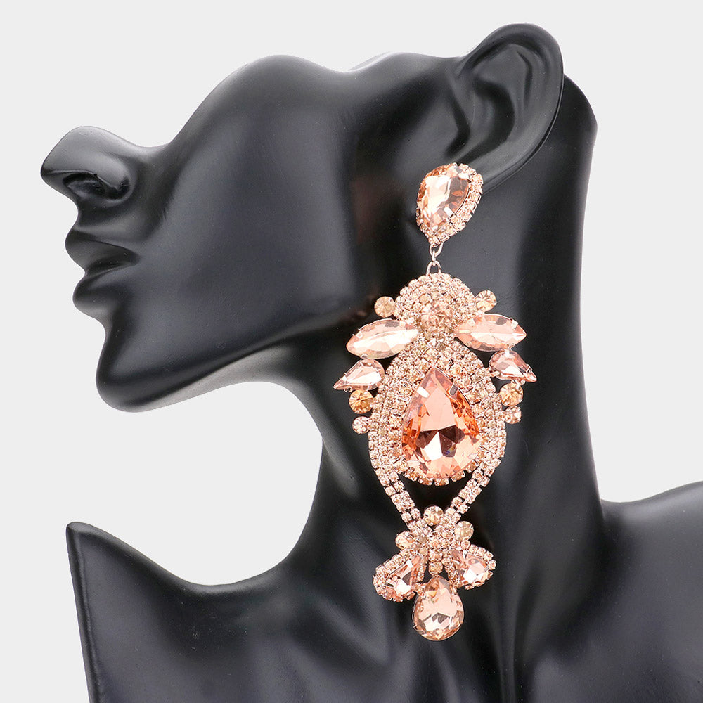 Peach Oversized Multi Stoned Crystal Chandelier Pageant Earrings | Statement Earrings | 555384