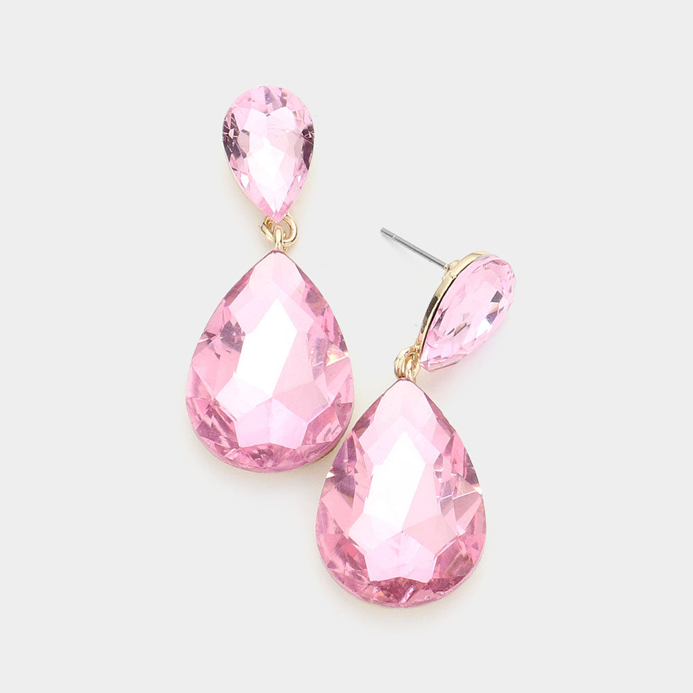 Pink Crystal Double Teardrop Pageant Earrings for Little Girls | 509486