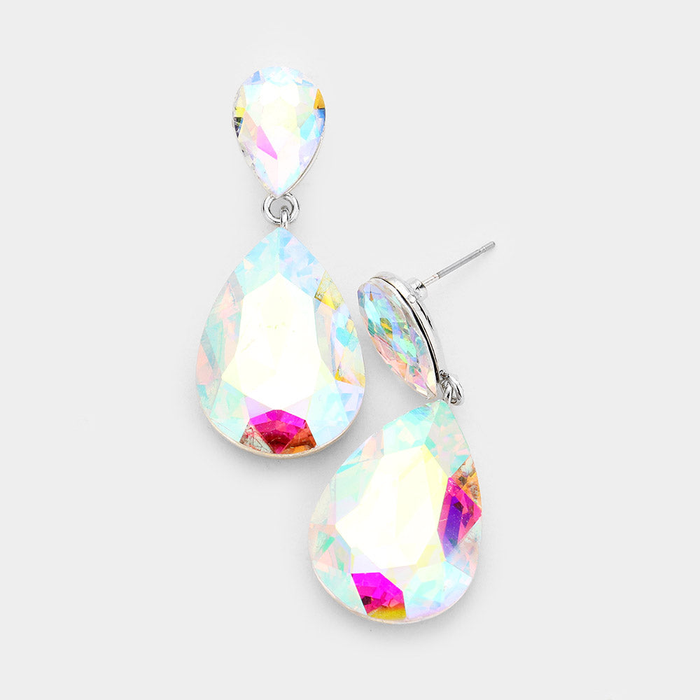 AB on Silver Crystal Double Teardrop Pageant Earrings for Little Girls | 444472