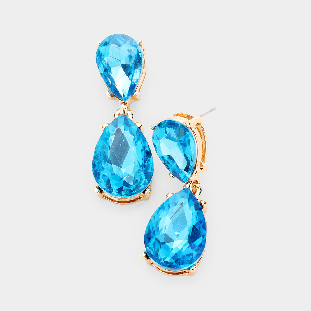 Small Aqua Crystal Double Teardrop Pageant Earrings | 435966