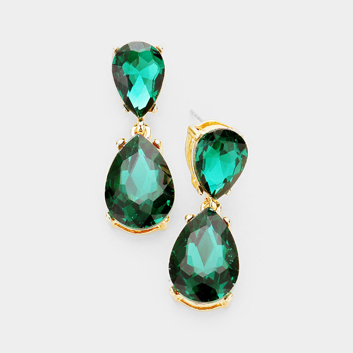 Small Emerald Crystal Double Teardrop Pageant Earrings | 398861