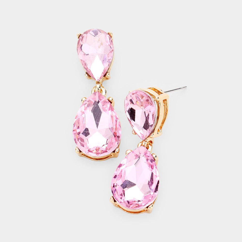 Small Pink Crystal Double Teardrop Pageant Earrings | 435965