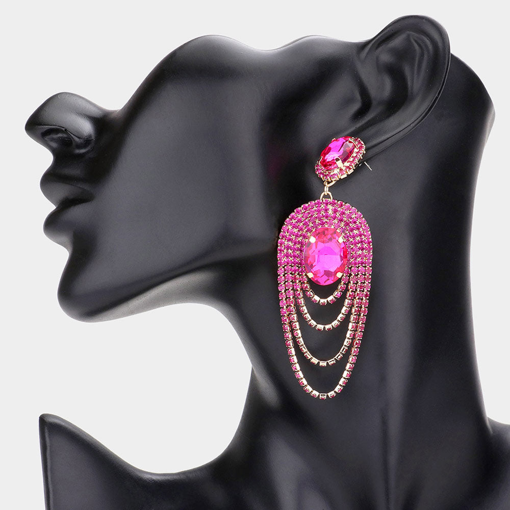 Fuchsia Oval Stone Draped Rhinestone Pageant Earrings | Prom Earrings | 584267