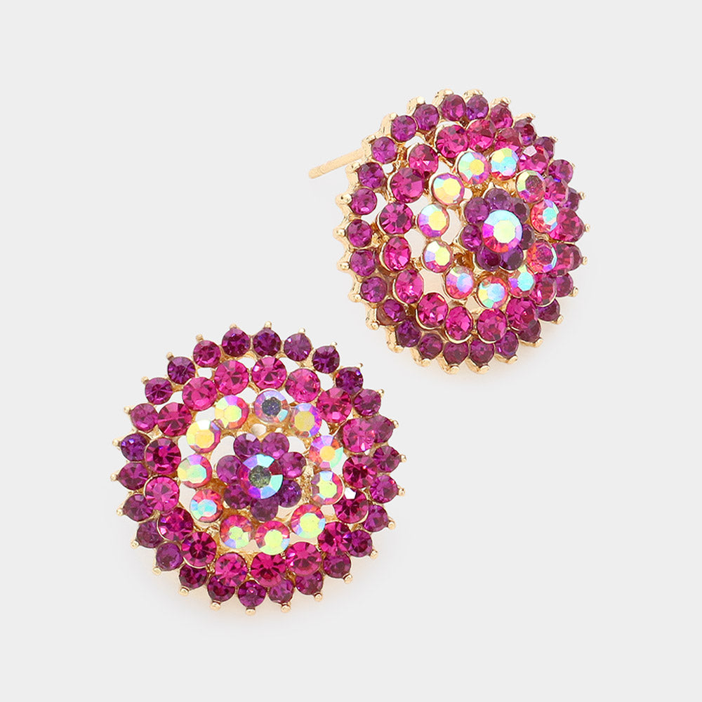 Round Fuchsia Rhinestone Stud Earrings | Interview Earrings | 316802