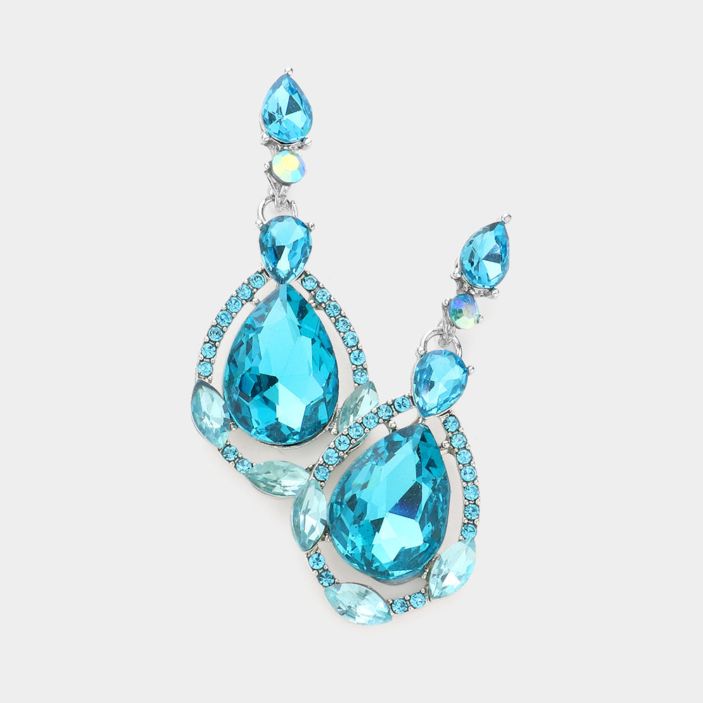 Aqua Crystal and Rhinestone Teardrop Pageant Earrings | Prom Earrings | 300696