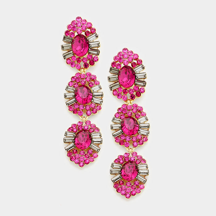 Fuchsia Triple Drop Crystal Dangle Earrings | 366185