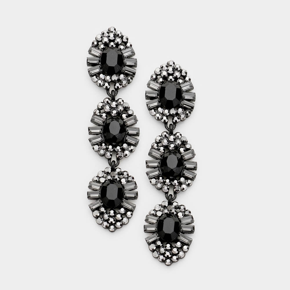 Jet Black Triple Drop Crystal Dangle Earrings | 445902