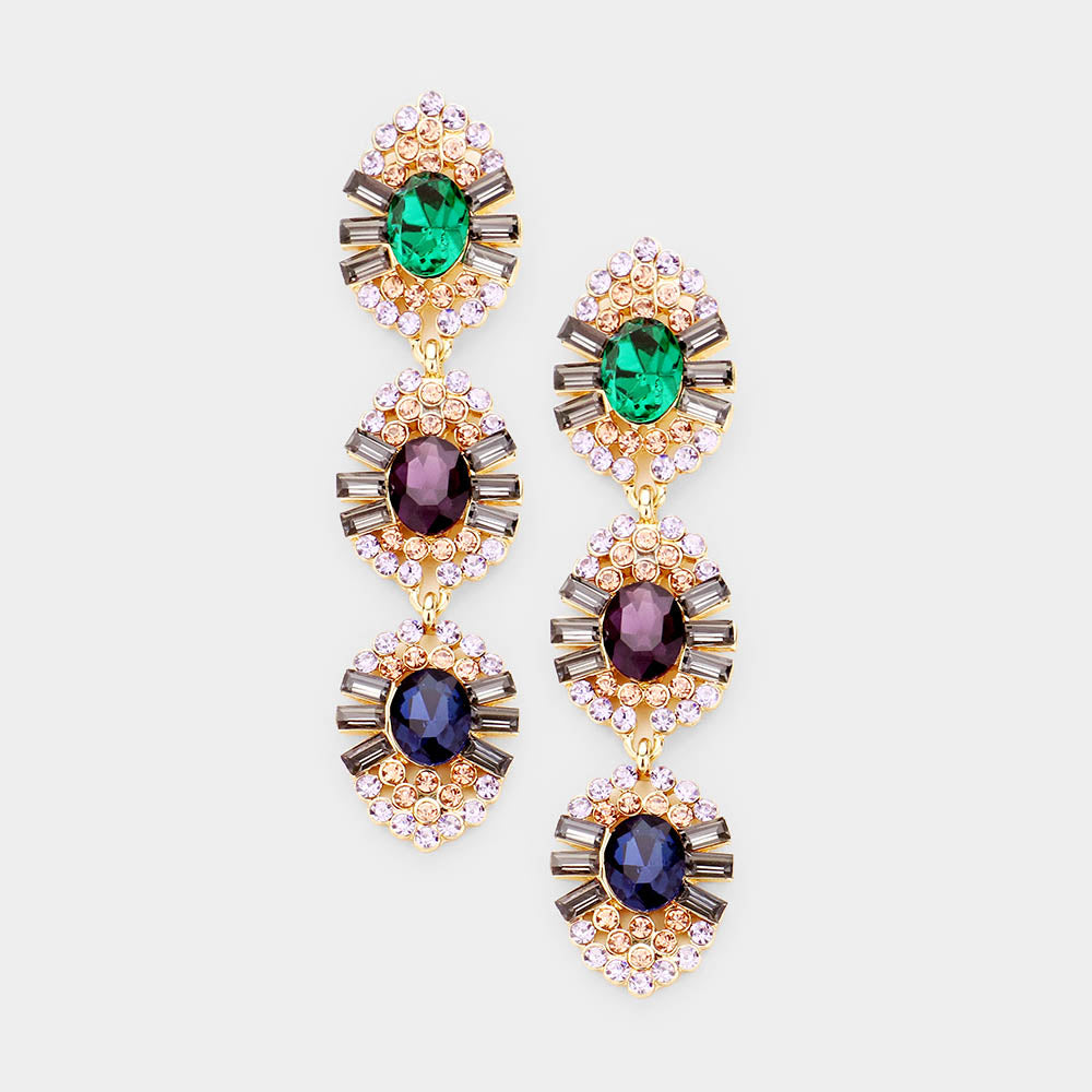 Multi-Color Triple Drop Crystal Dangle Earrings on Gold | 442526