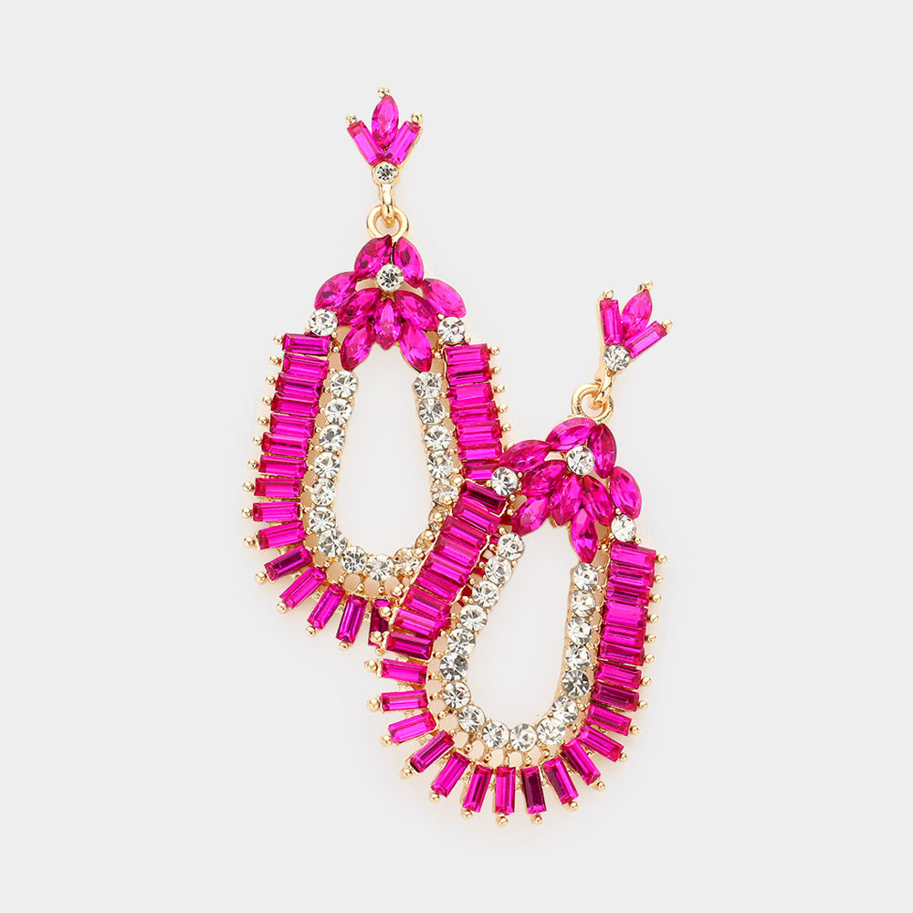 Baguette Cut Fuchsia Crystal Rhinestone Pageant Earrings | Prom Earrings | 571960