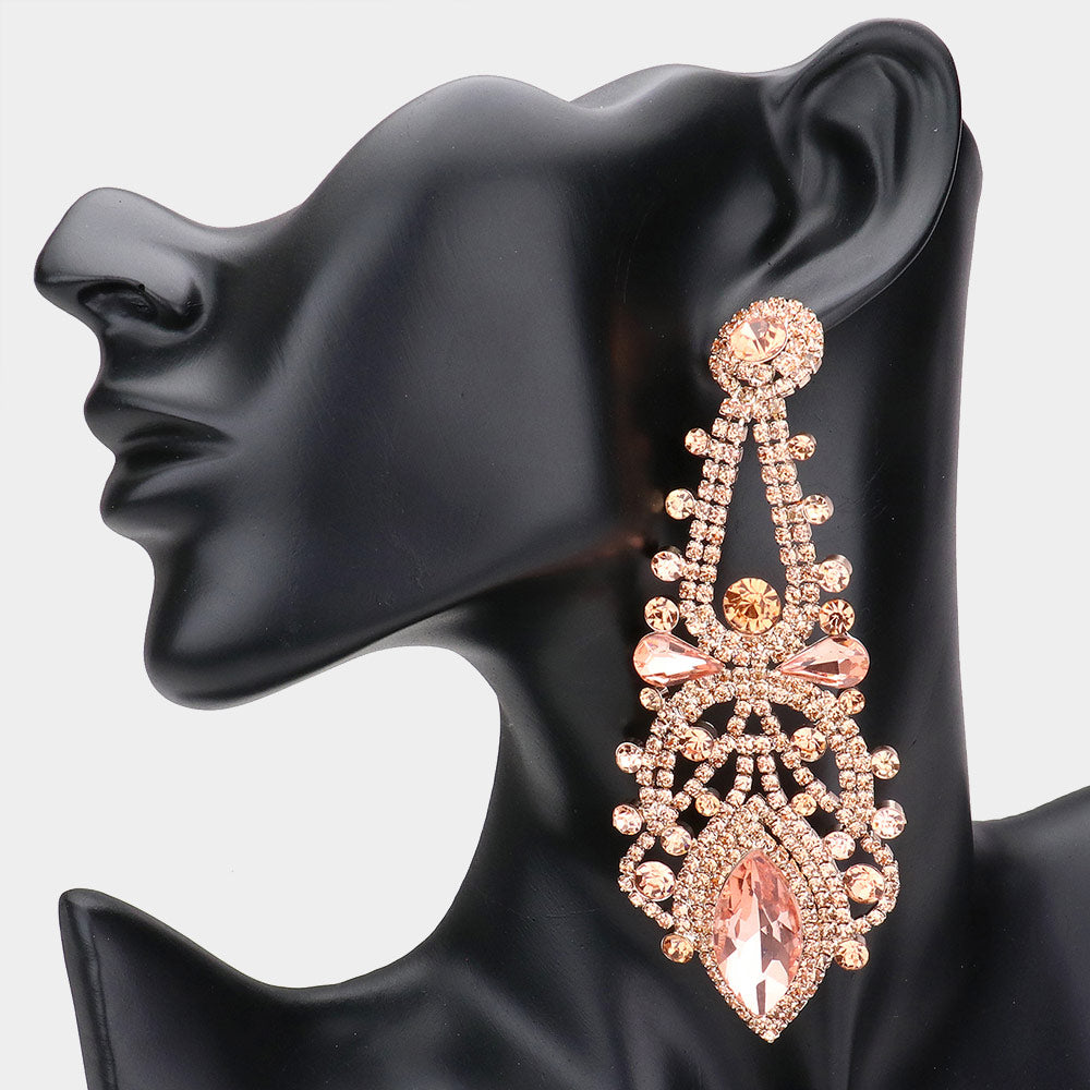 Oversized Peach Crystal Marquise Stone Statement Earrings | Pageant Earrings | 536007