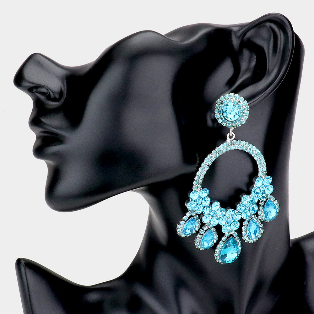 Large Aqua Crystal Teardrop Open Chandelier Pageant Earrings | Prom Earrings | 526878