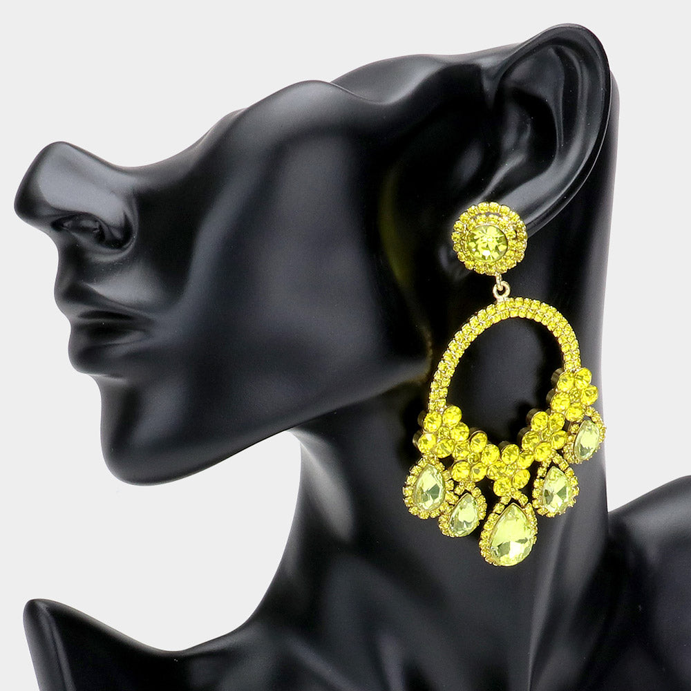 Large Yellow Crystal Teardrop Open Chandelier Pageant Earrings | Prom Earrings | 508873