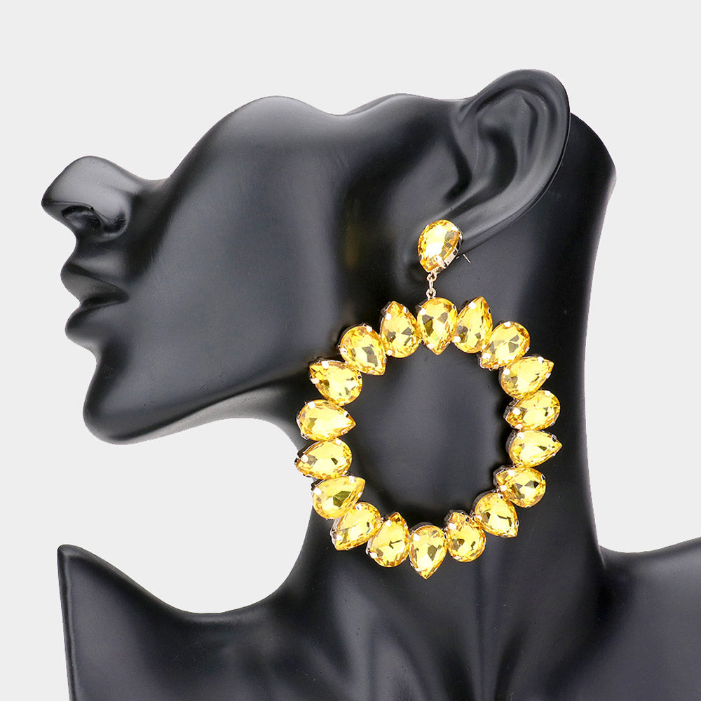 Large Yellow Crystal Teardrop Round Pageant Earrings | 537258