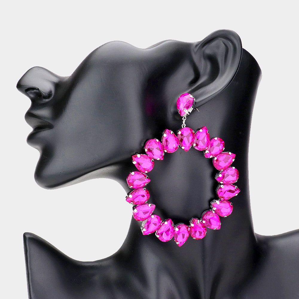 Large Fuchsia Crystal Teardrop Round Pageant Earrings | 537256