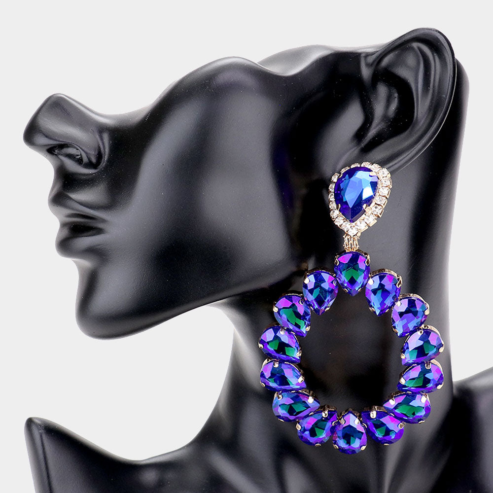 Large Blue Crystal Teardrop Hoop Pageant Earrings | 488651