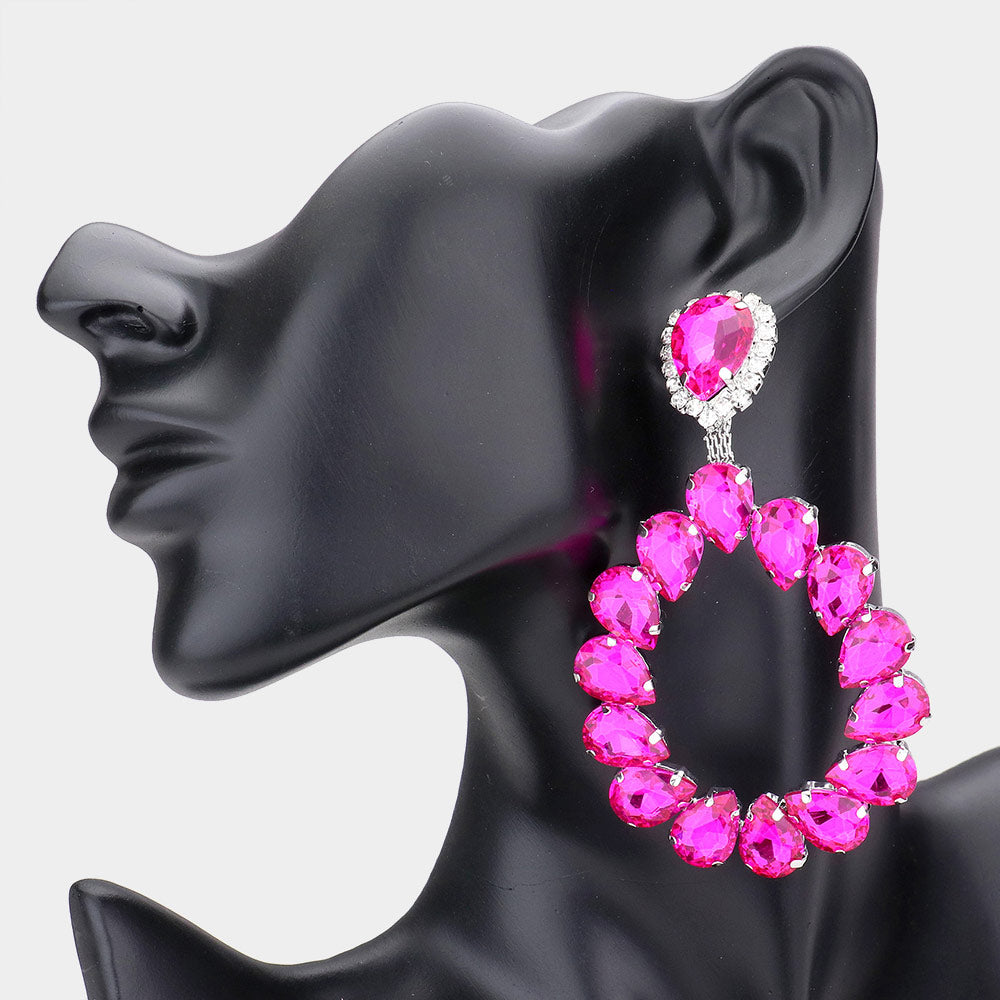 Large Fuchsia Crystal Teardrop Hoop Pageant Earrings | 541391