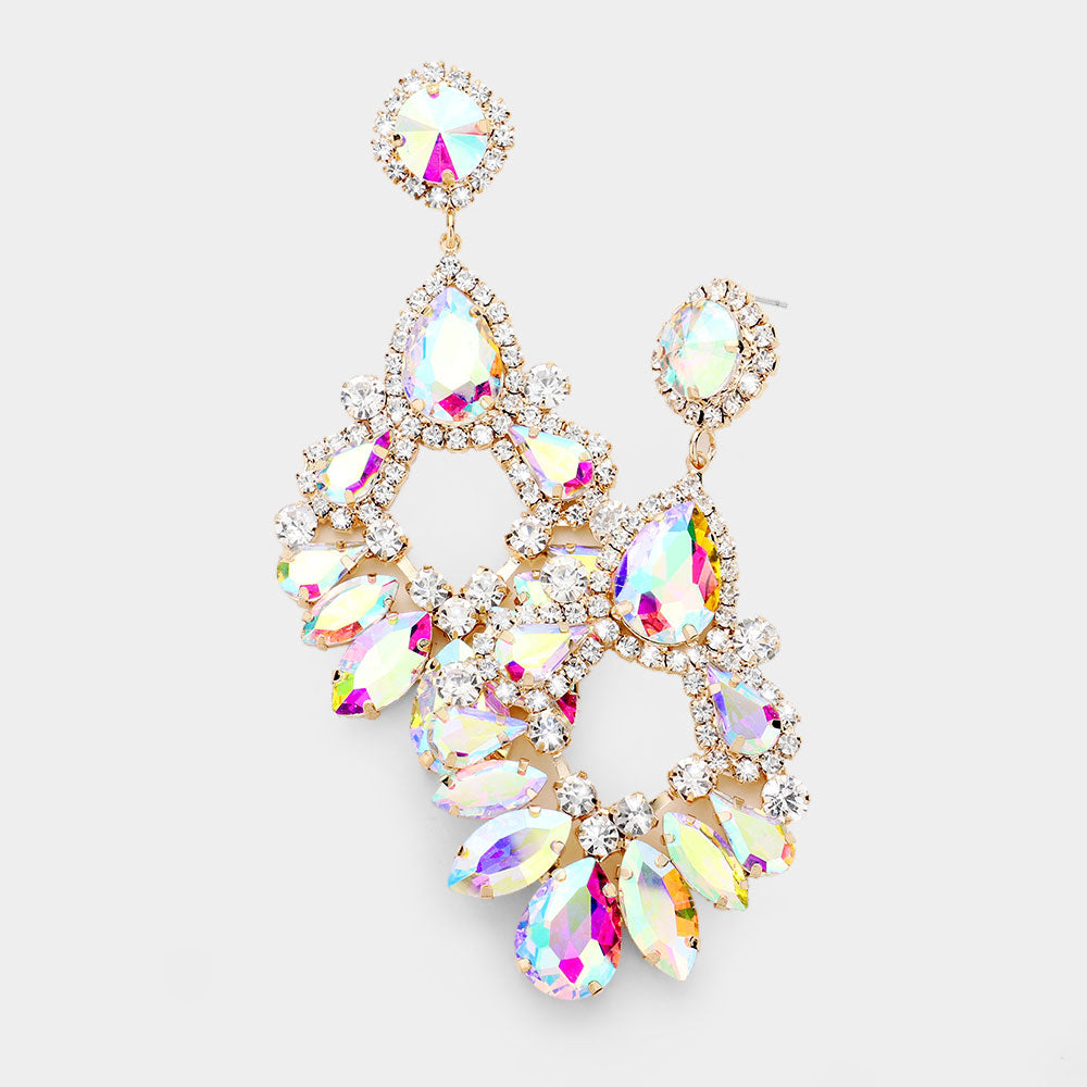 Large AB Crystal Teardrop Chandelier Earrings on Gold | 459587