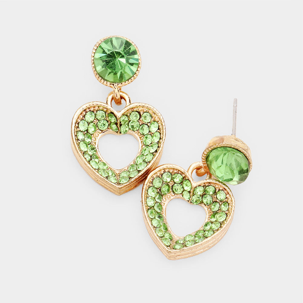 Little Girls Green Pave Heart Cut Out Earrings | 199105