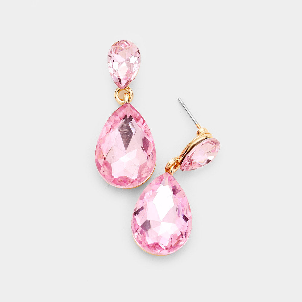 Small Pink Crystal Teardrop Dangle Earrings on Gold | Little Girls | Older Girls Interview | 444482