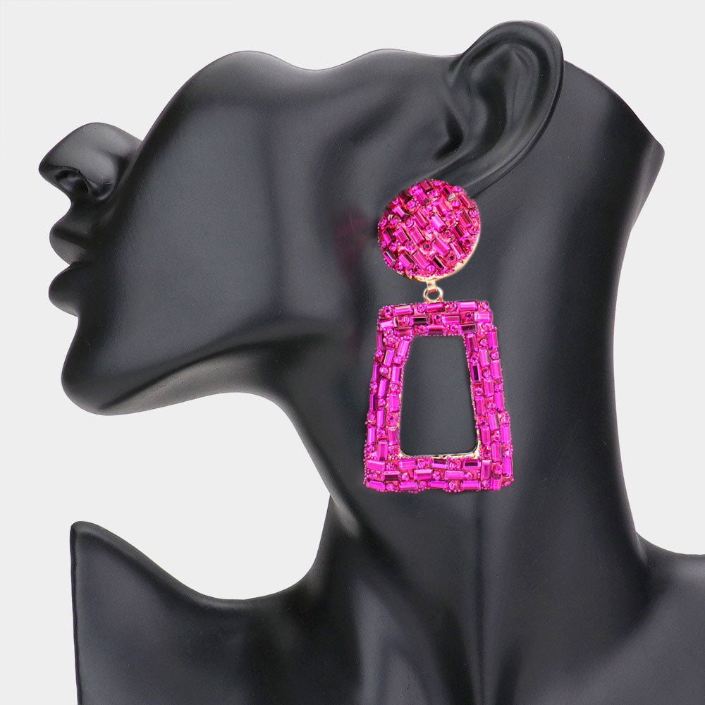 Fuchsia Crystal Stone Embellished Door Knocker Pageant Earrings | Prom Earrings | 561841