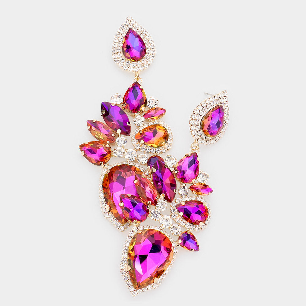 Fuchsia Crystal Marquise Teardrop Stone Cluster Pageant Statement Earrings | Pageant Jewelry | 530330