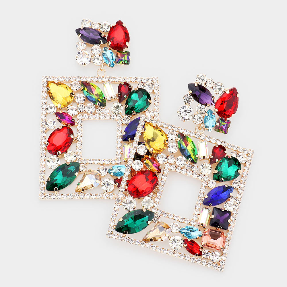 Multi-Color Multi Crystal Stone Square Chandelier Pageant Earrings on Gold | Prom Earrings | 537263