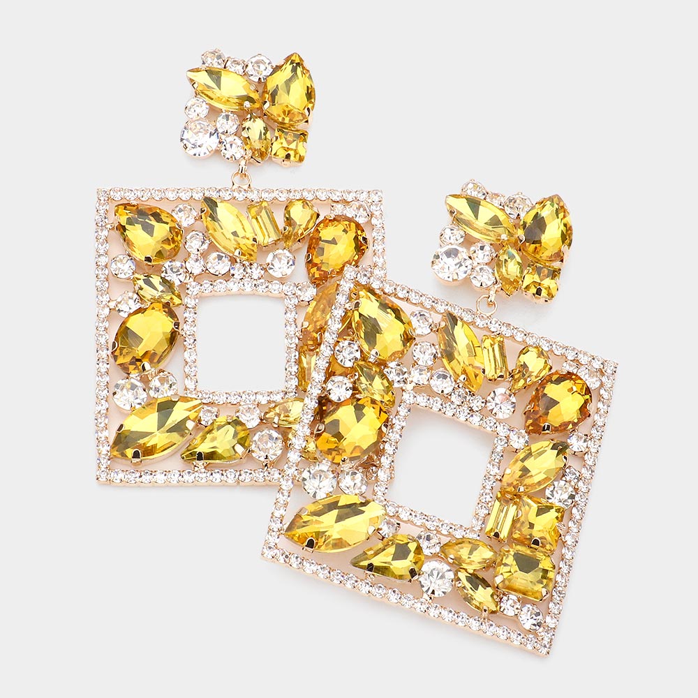 Yellow Multi Crystal Stone Square Chandelier Pageant Earrings | Prom Earrings | 552674