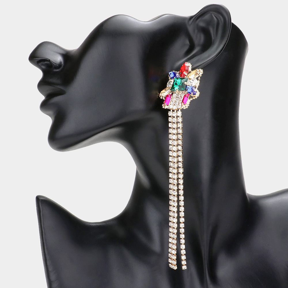 Long Multi-Color Stone Rhinestone Fringe Pageant Earrings | Pageant Jewelry | 608729