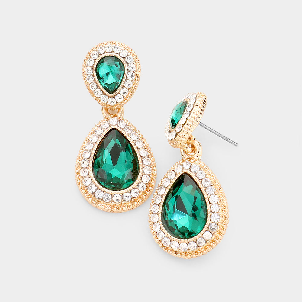 Small Double Teardrop Green Crystal Drop Earrings on Gold | 465045