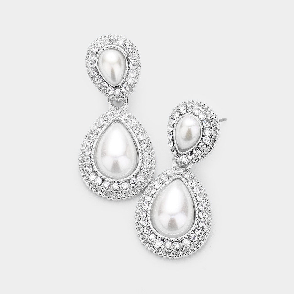 Small Double Teardrop Pearl Drop Earrings on Silver | 477223