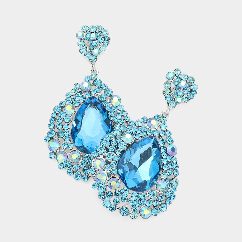 Aqua Chandelier Earrings with AB Stones | Pageant Chunky Earrings | H202-7