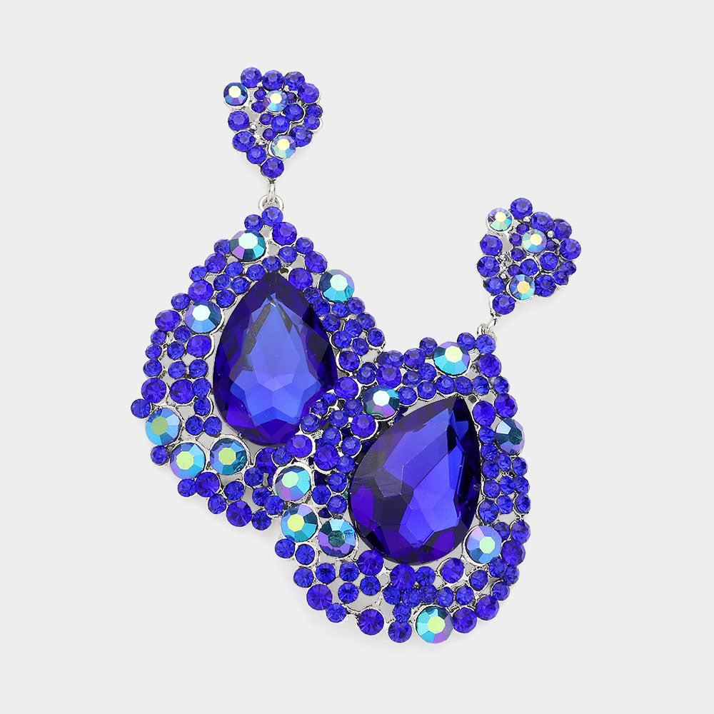 Sapphire Pageant Earrings with AB Stones | Royal Blue Chunky Pageant Earrings | H202-7