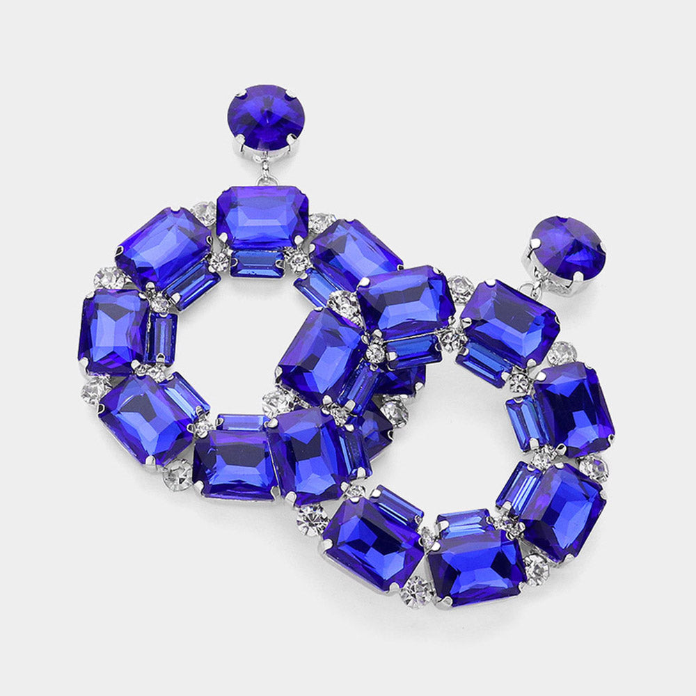 Blue Square Stone Open Circle Dangle Pageant Earrings | Evening Earrings | 631867