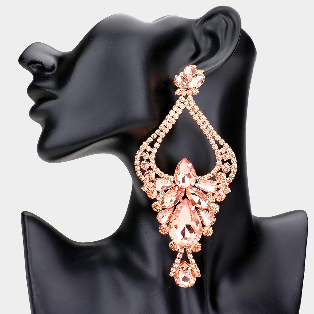 Large Long Peach Crystal Teardrop Rhinestone Embellished Chandelier Earrings | Oversized Earrings | 563433