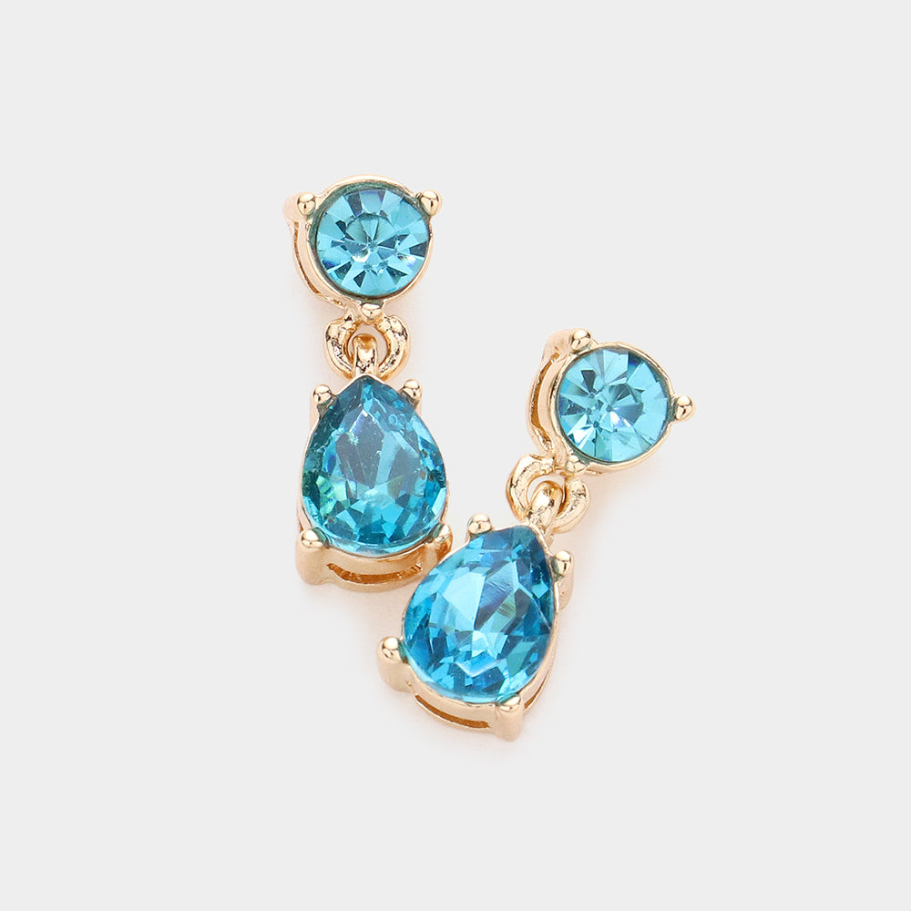 Small Aqua Round Teardrop Dangle Pageant Earrings | Interview Earrings | 586690