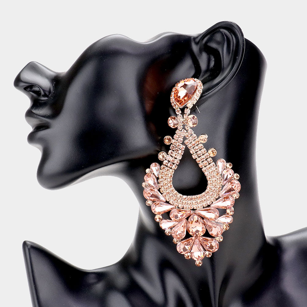 Large Peach Crystal Statement Pageant Earrings | 494693