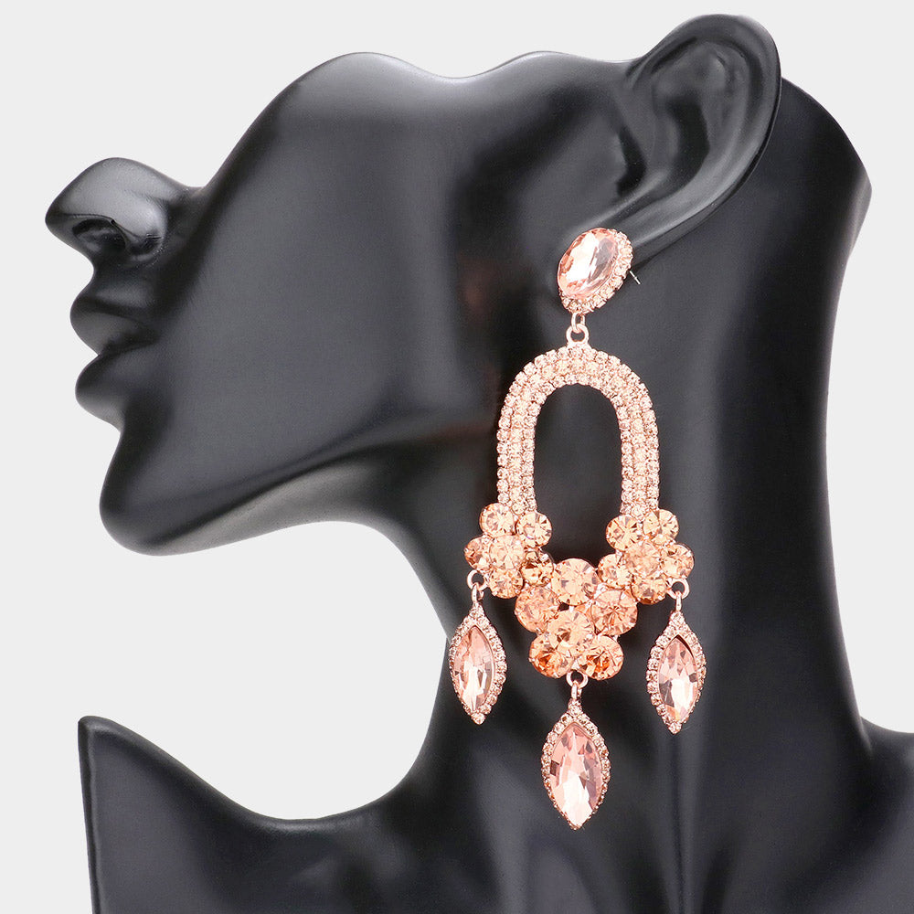 Peach Triple Marquise Stone Drop Chandelier Pageant Earrings | Prom Earrings | 588736