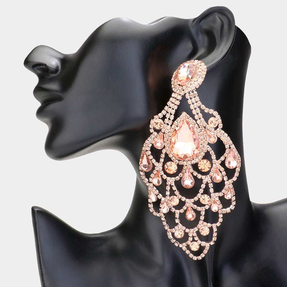 Oversize Peach Teardrop Stone Chandelier Statement Earrings on Rose Gold| Pageant Earrings | 618875