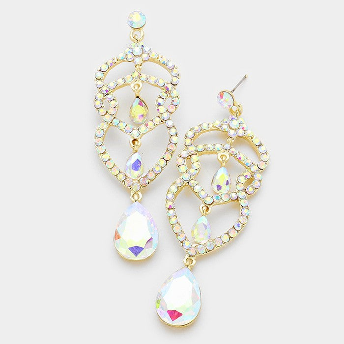 AB Crystal Rhinestone Teardrop Dangle Pageant Earrings on Gold | 316194