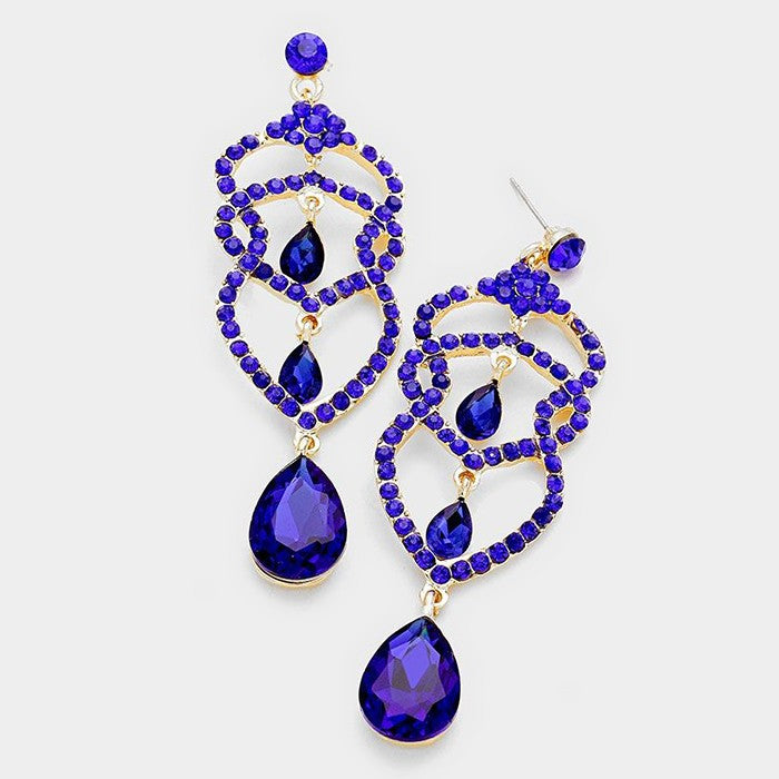 Blue Crystal Rhinestone Teardrop Dangle Pageant Earrings on Gold | 310909