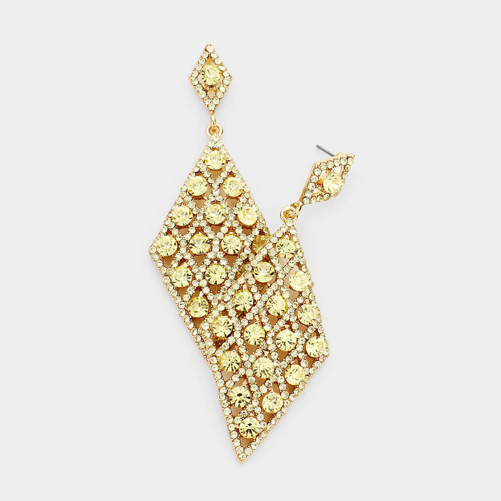 Yellow Detailed Stone Teardrop Pageant Earrings on Gold | Prom Earrings | 446091