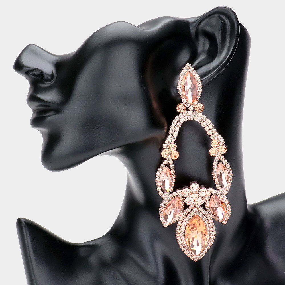 Oversized Peach Crystal Marquise Stone Statement Pageant Earrings | 509494