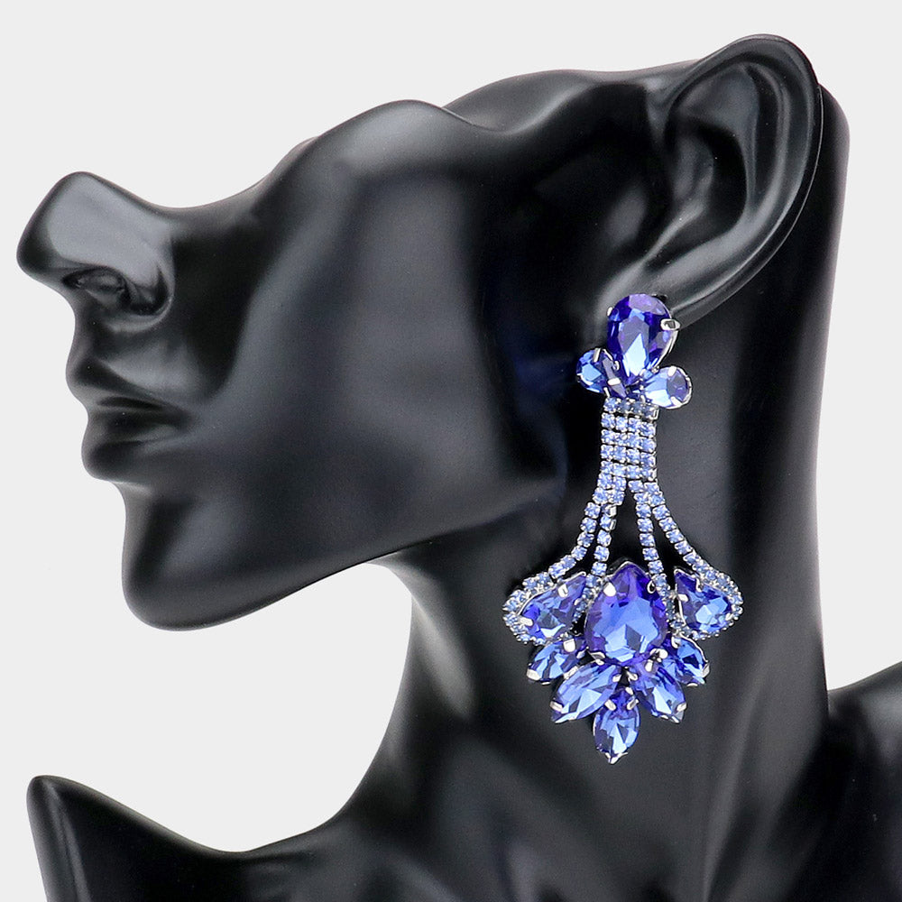 Light Blue Crystal Teardrop Marquise Stone Cluster Chandelier Earrings | Pageant Earrings | 507993